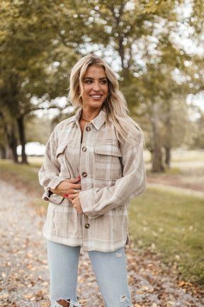 Mya Plaid Flannel Shacket, alternate, color, Taupe Plaid