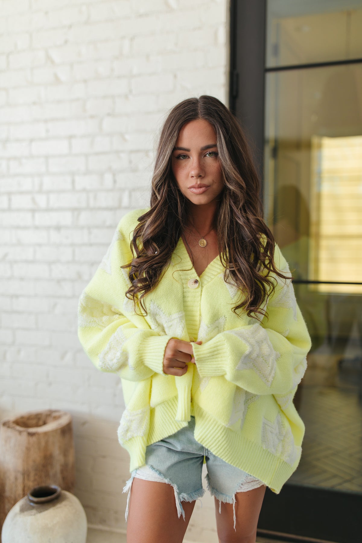 Stars Knit Button Down, alternate, color, Neon Yellow