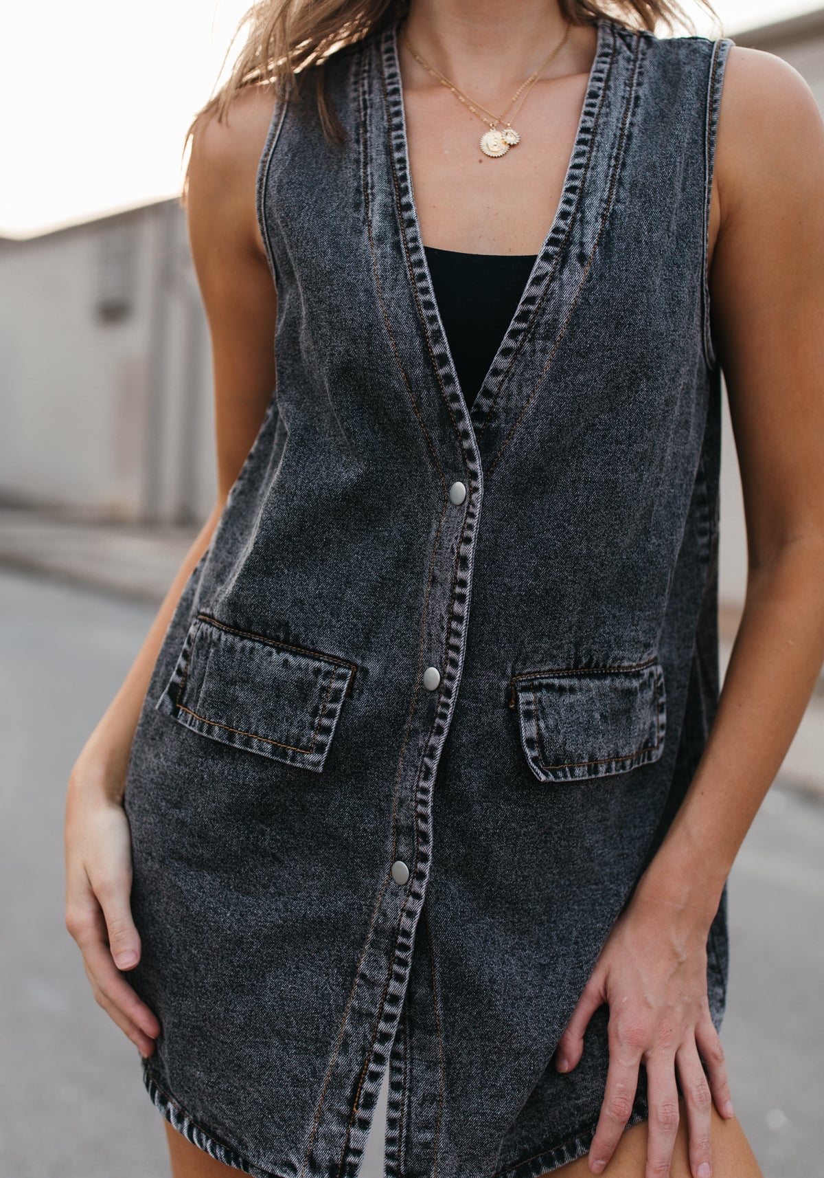 Samantha Denim Vest, alternate, color, Washed Black Denim