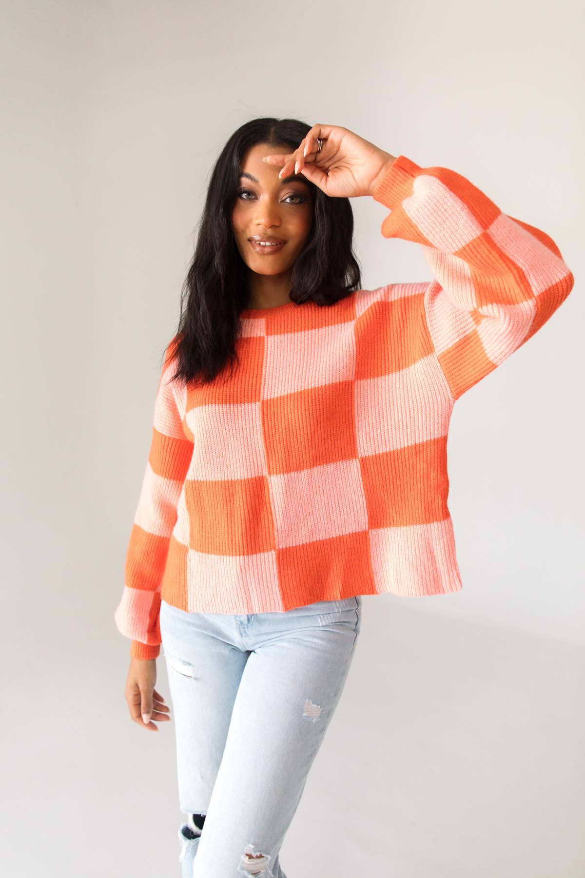 Checkered Sweater, Alternate, Color, Pink