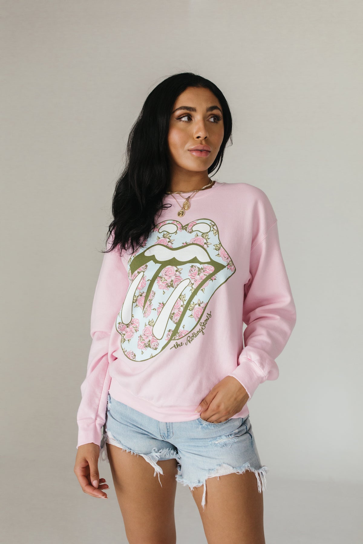 Floral Rolling Stones Sweatshirt, alternate, color, Baby Pink