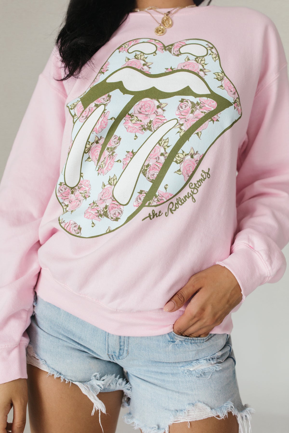 Floral Rolling Stones Sweatshirt, alternate, color, Baby Pink