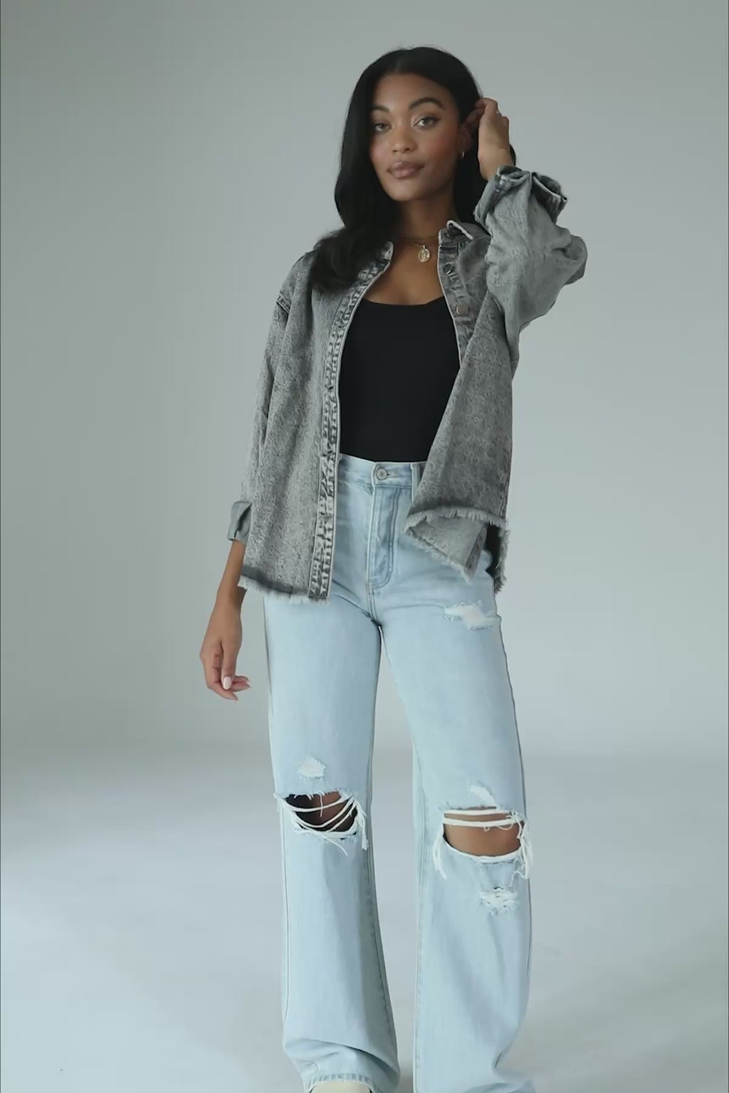 Millie Washed Gray Denim Shacket, product video thumbnail