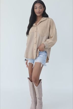 Jessica Taupe Button Down, product video thumbnail