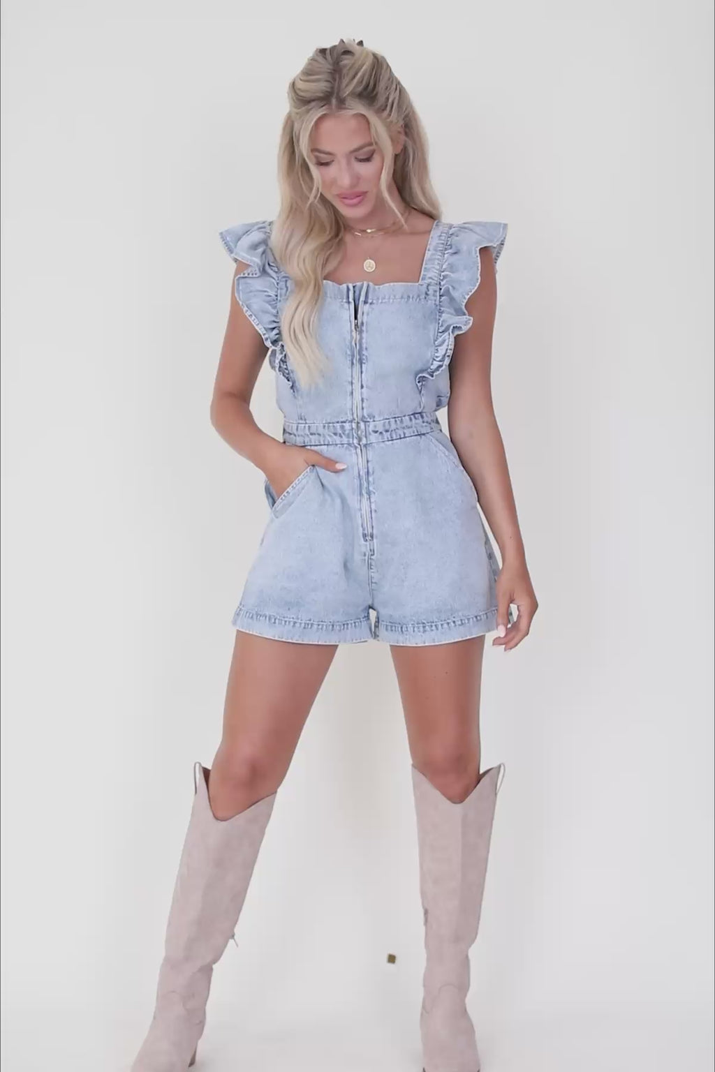 Iris Light Denim Romper, product video thumbnail