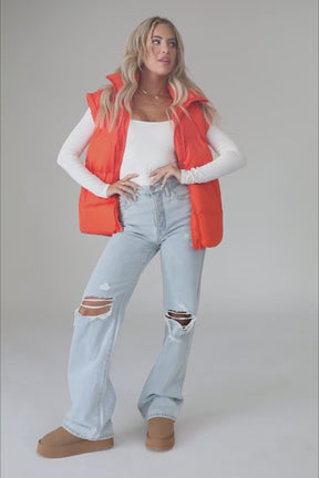 Neon Orange Oversized Puffer Vest, product video thumbnail