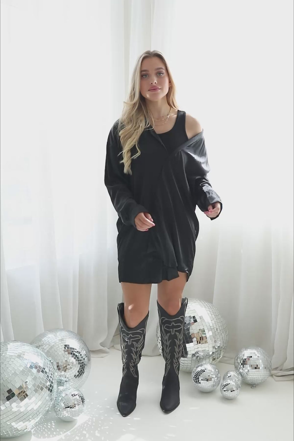 Courtney Black Satin Tunic Dress, product video thumbnail