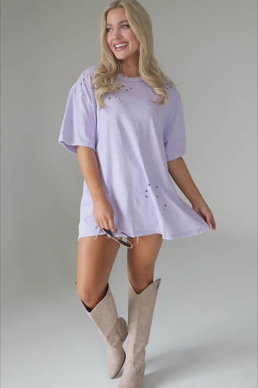 Lavender Distressed Oversized Tee, product video thumbnail
