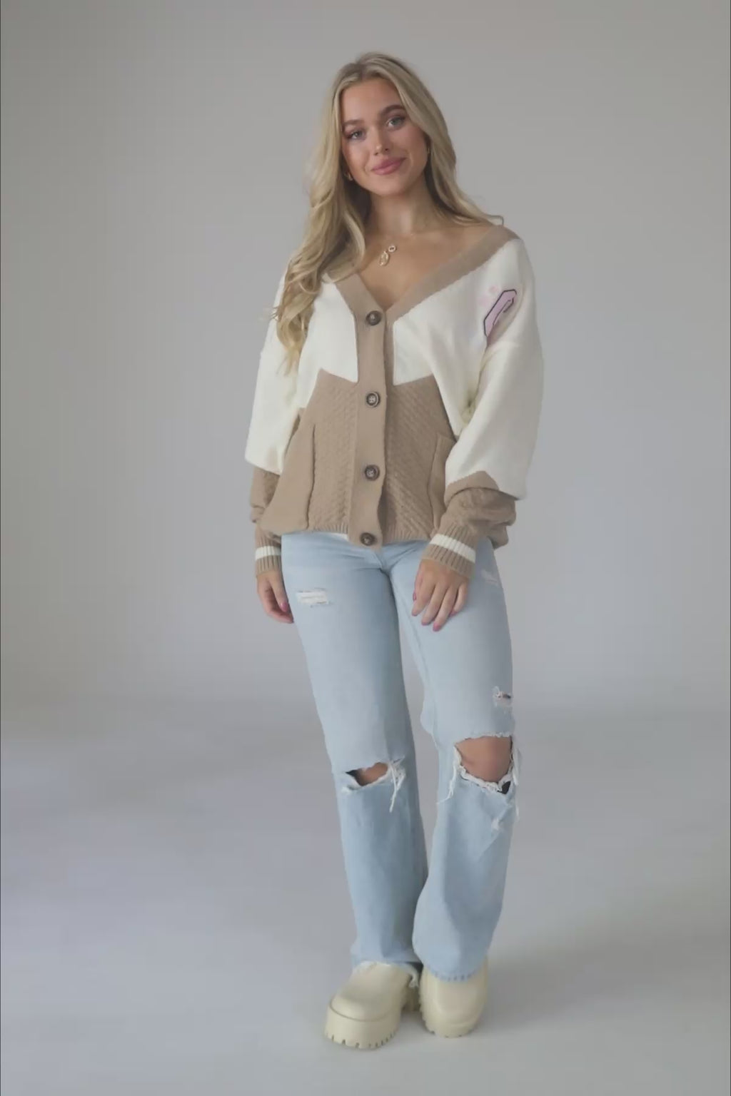 Brianna Knit Button Down Cardigan Beige, product video thumbnail