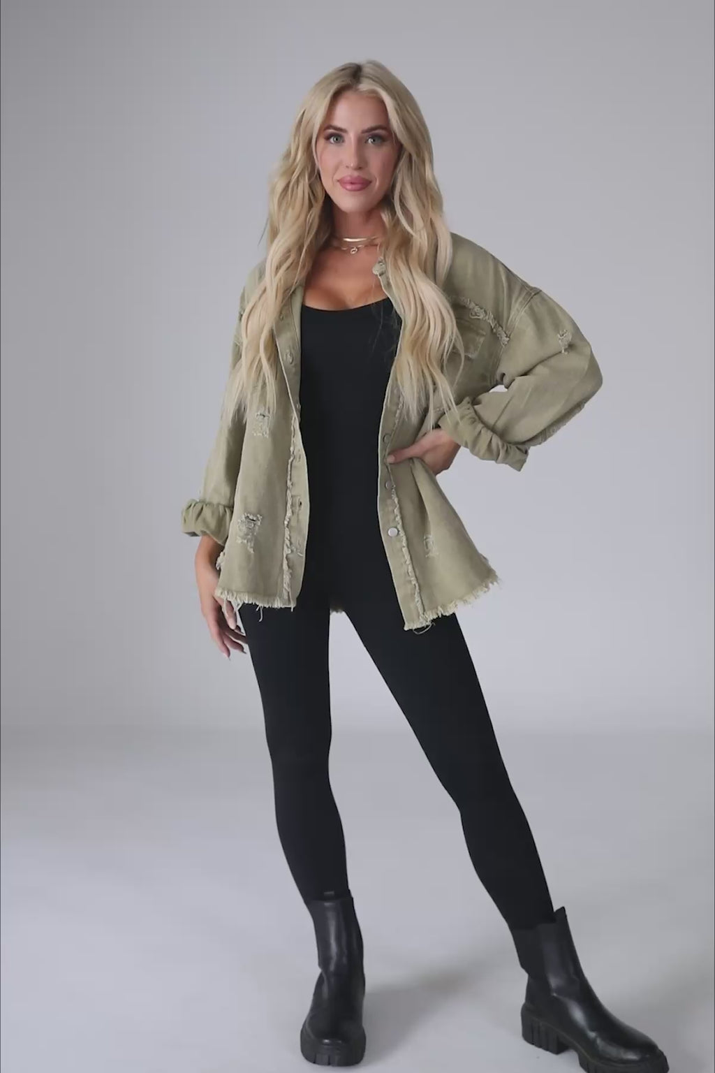Kori Olive Distressed Shacket, product video thumbnail