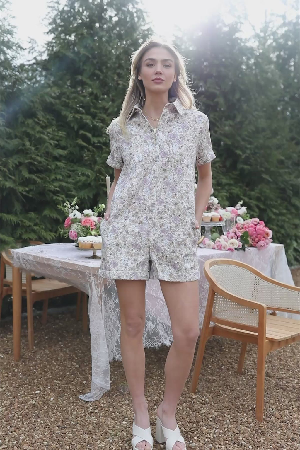 Periwinkle Denim Floral Romper, product video thumbnail