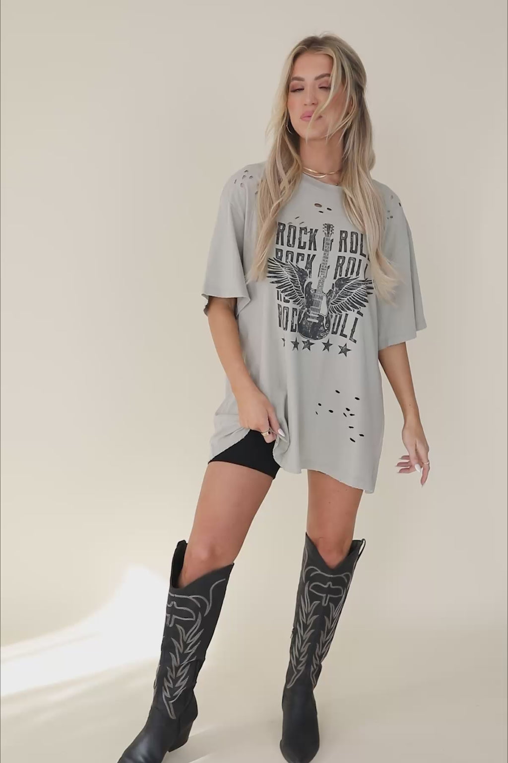 Ember Khaki Rock & Roll Oversized Graphic Tee, product video thumbnail