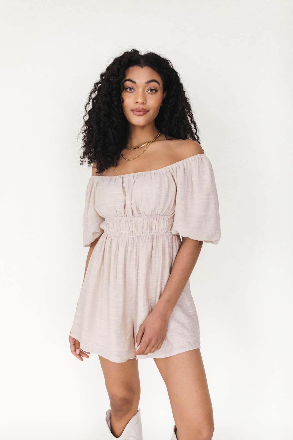 Shiloh Off the Shoulder Romper, alternate, color, Beige