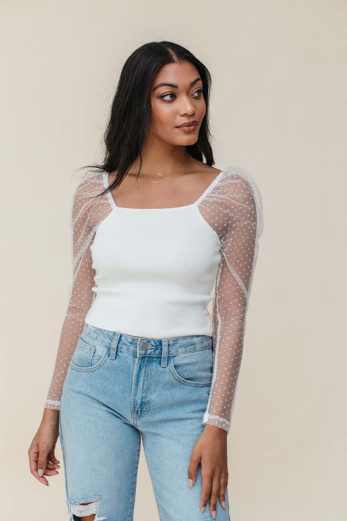 Charli Mesh Long Sleeve Crop Top, alternate, color, ivory