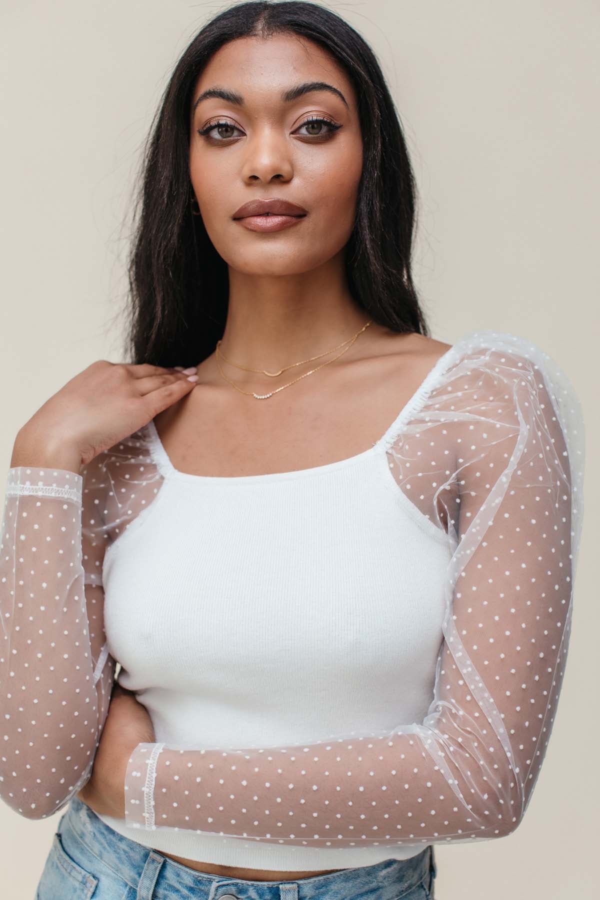 Charli Mesh Long Sleeve Crop Top, alternate, color, ivory