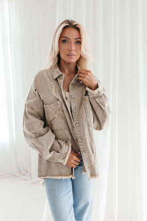 Stevie Oversized Distressed Button Down, Alternate, color, olive