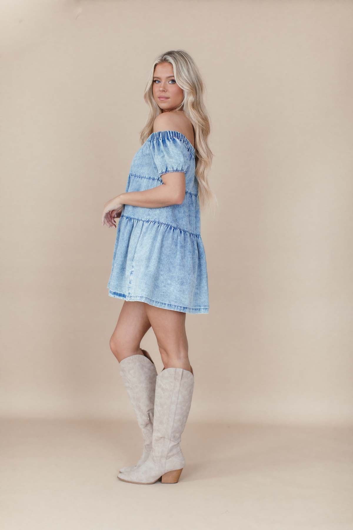 Cecelia Off the Shoulder Dress, alternate, color, Denim