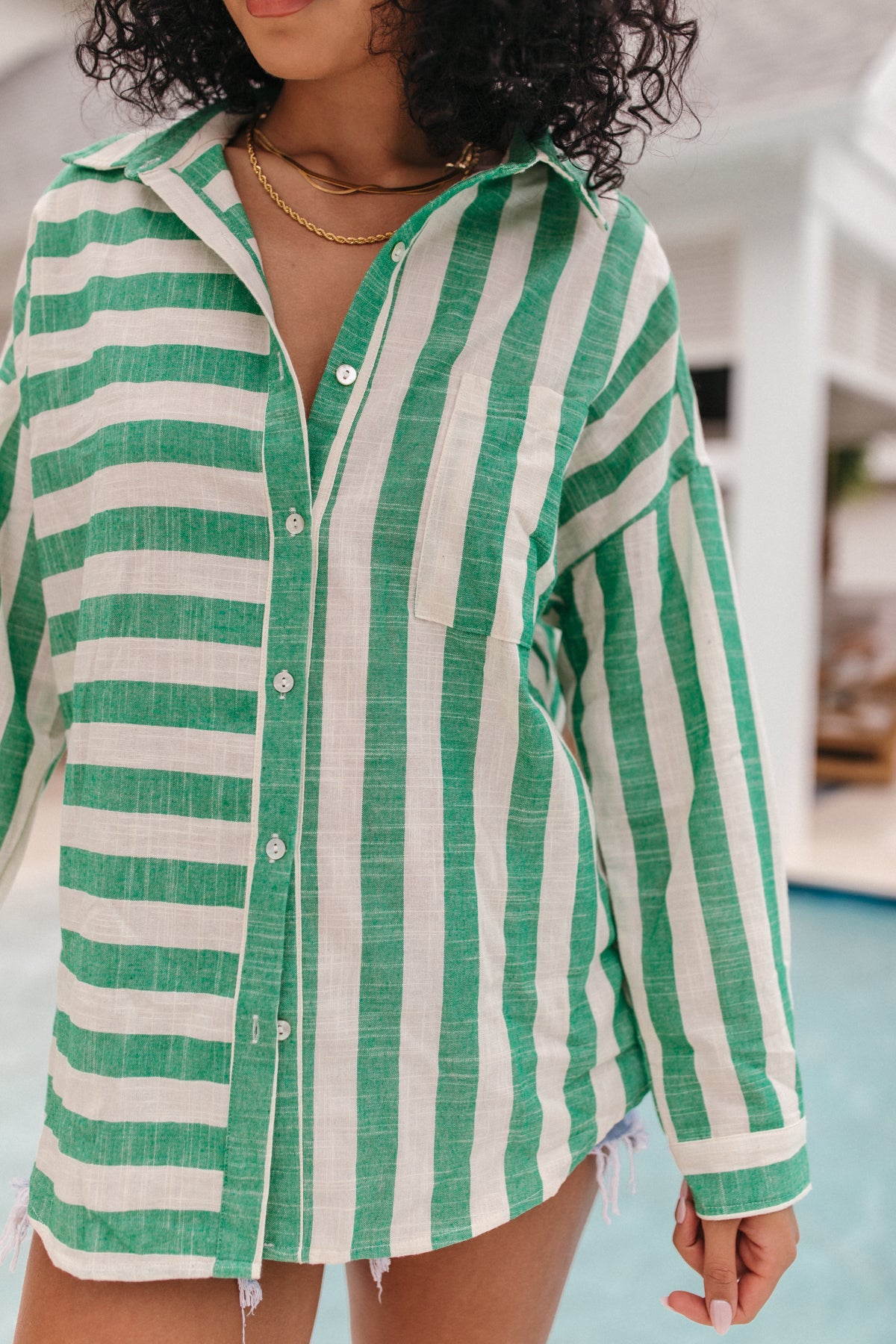 Haley Striped Linen Button Down, alternate, color, Green