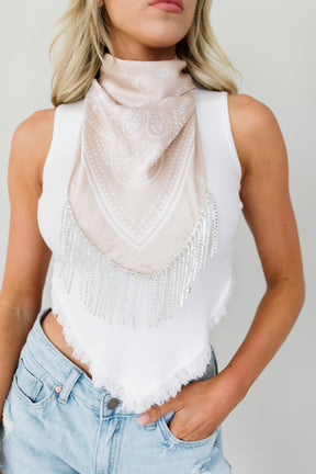 Fringe Rhinestone Taupe Bandana, alternate, color, Taupe