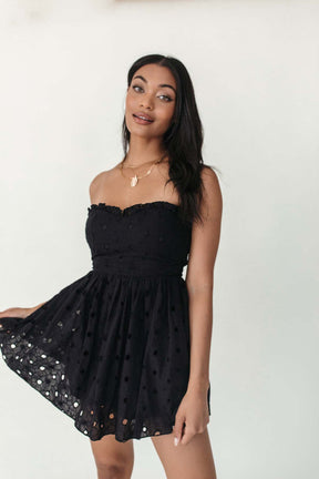 Lainey Black Eyelet Mini Dress, alternate, color, Black