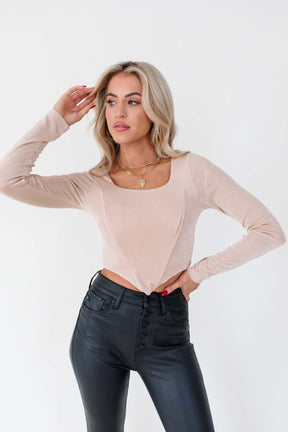Teagan Long Sleeve Corset, alternate, color, Champagne