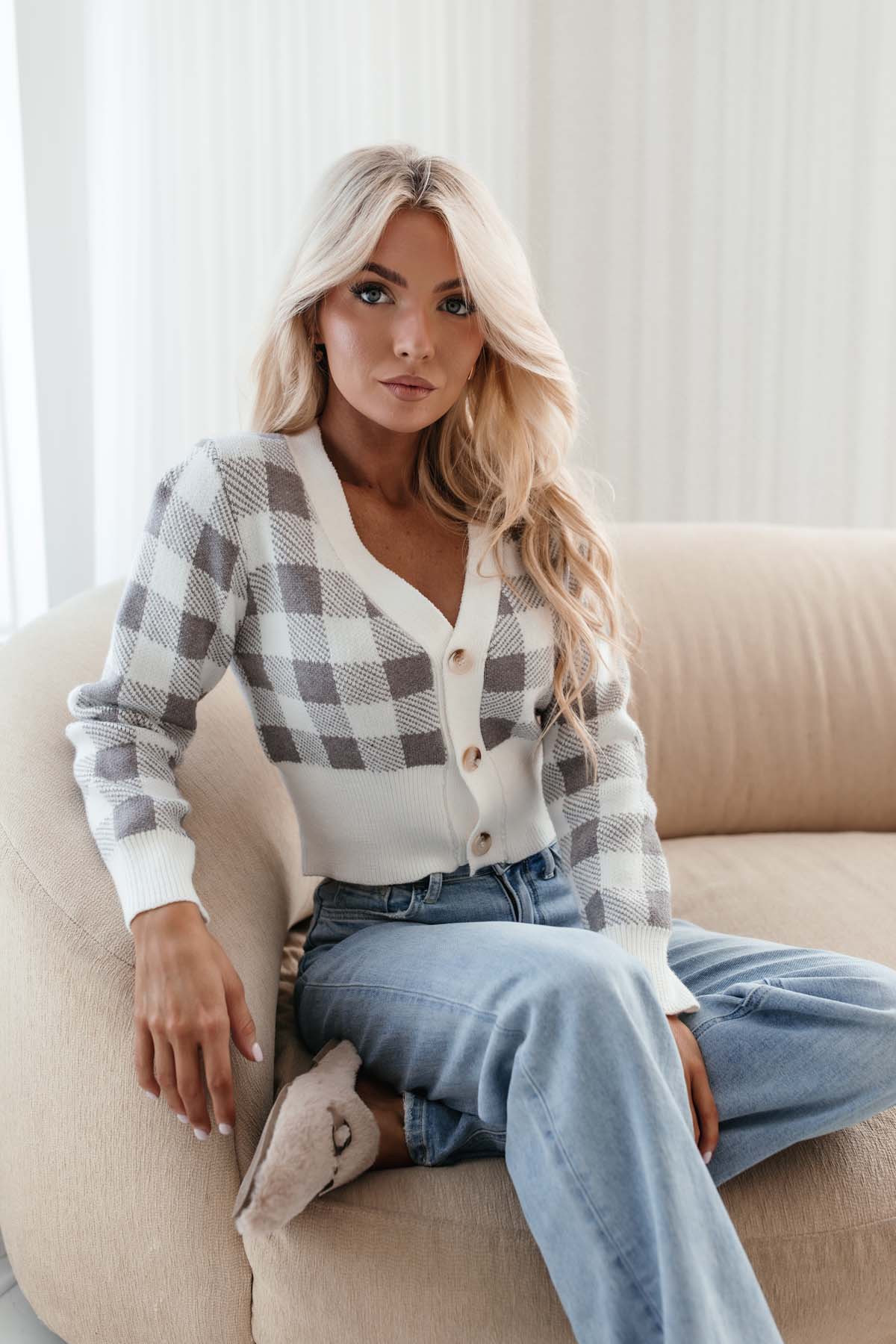 Tessa Checkered Sweater, alternate, color, grey and white