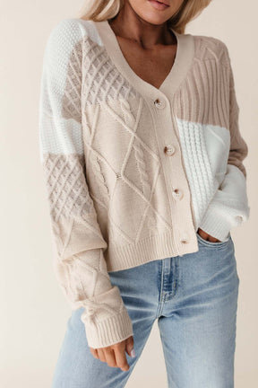 Leia Color Block Button Down Cardigan, alternate, color, tan patterned