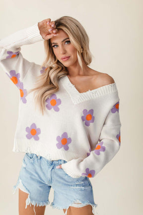 Everly Flower Distressed Hem Sweater, alternate, color, Cream