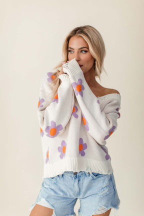 Everly Flower Distressed Hem Sweater, alternate, color, Cream