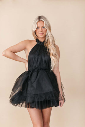 Eliza Tulle Halter Mini Dress, alternate, color, Black