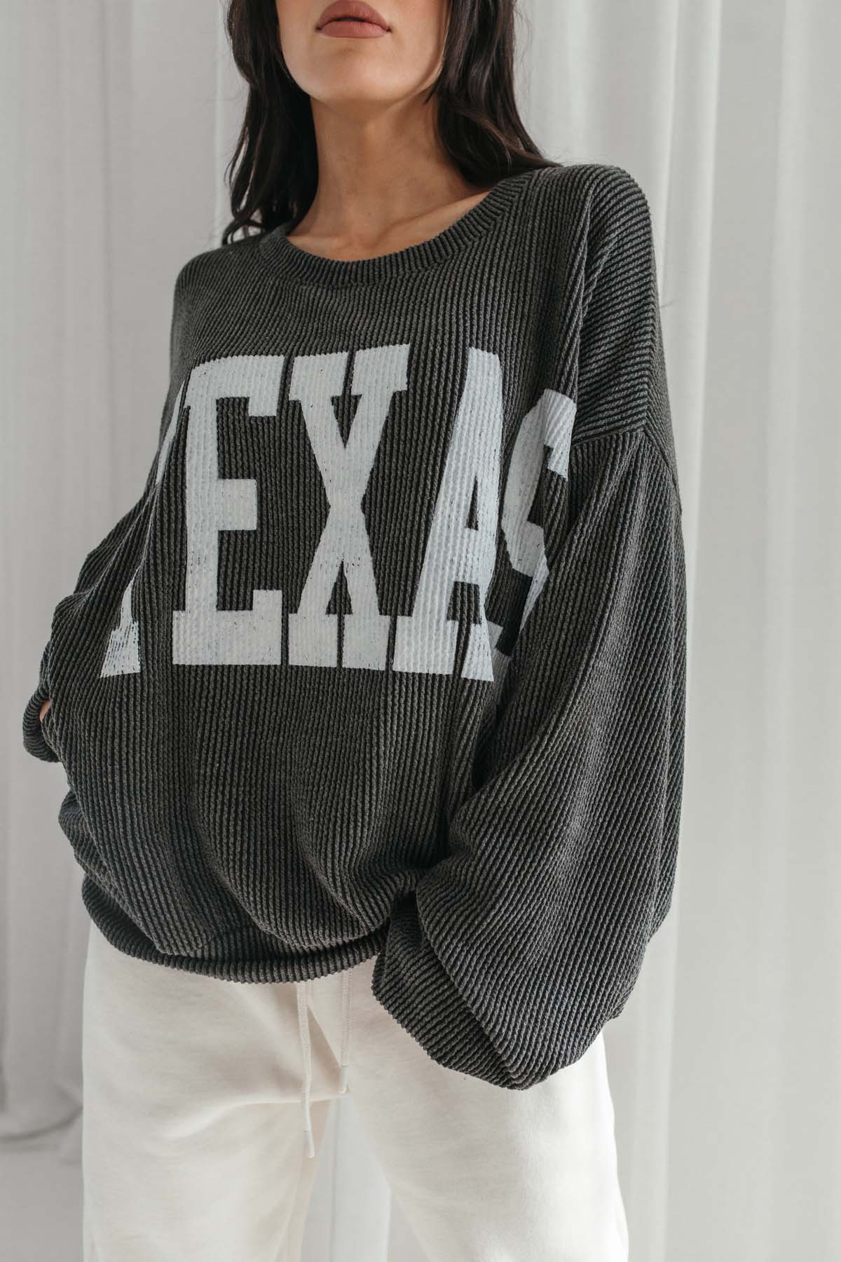 Texas Distressed Black Waffle Knit Top, alternate, color, washed black