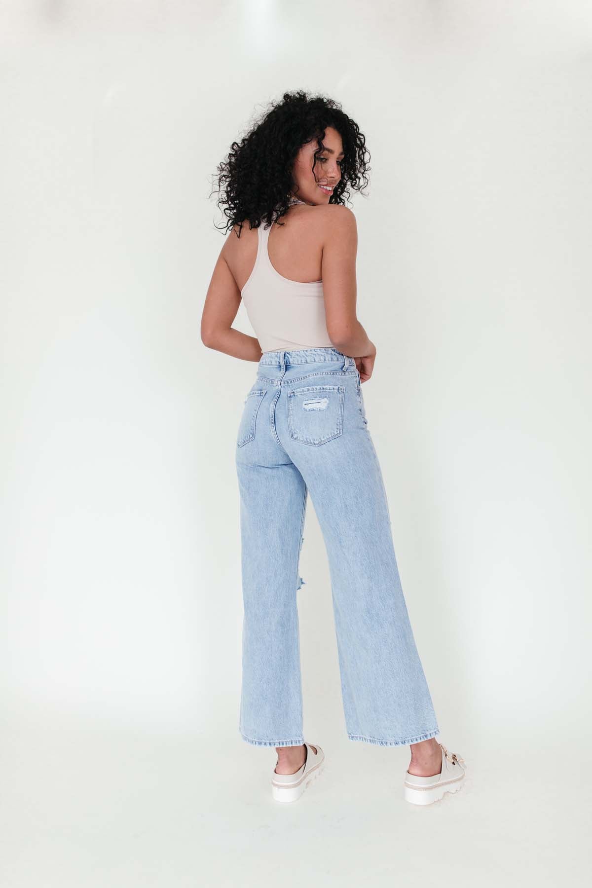 Mid Rise Washed Distressed Wide Leg Jeans