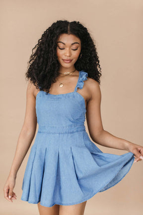 Addie Chambray Ruffle Romper, alternate, color, Chambray