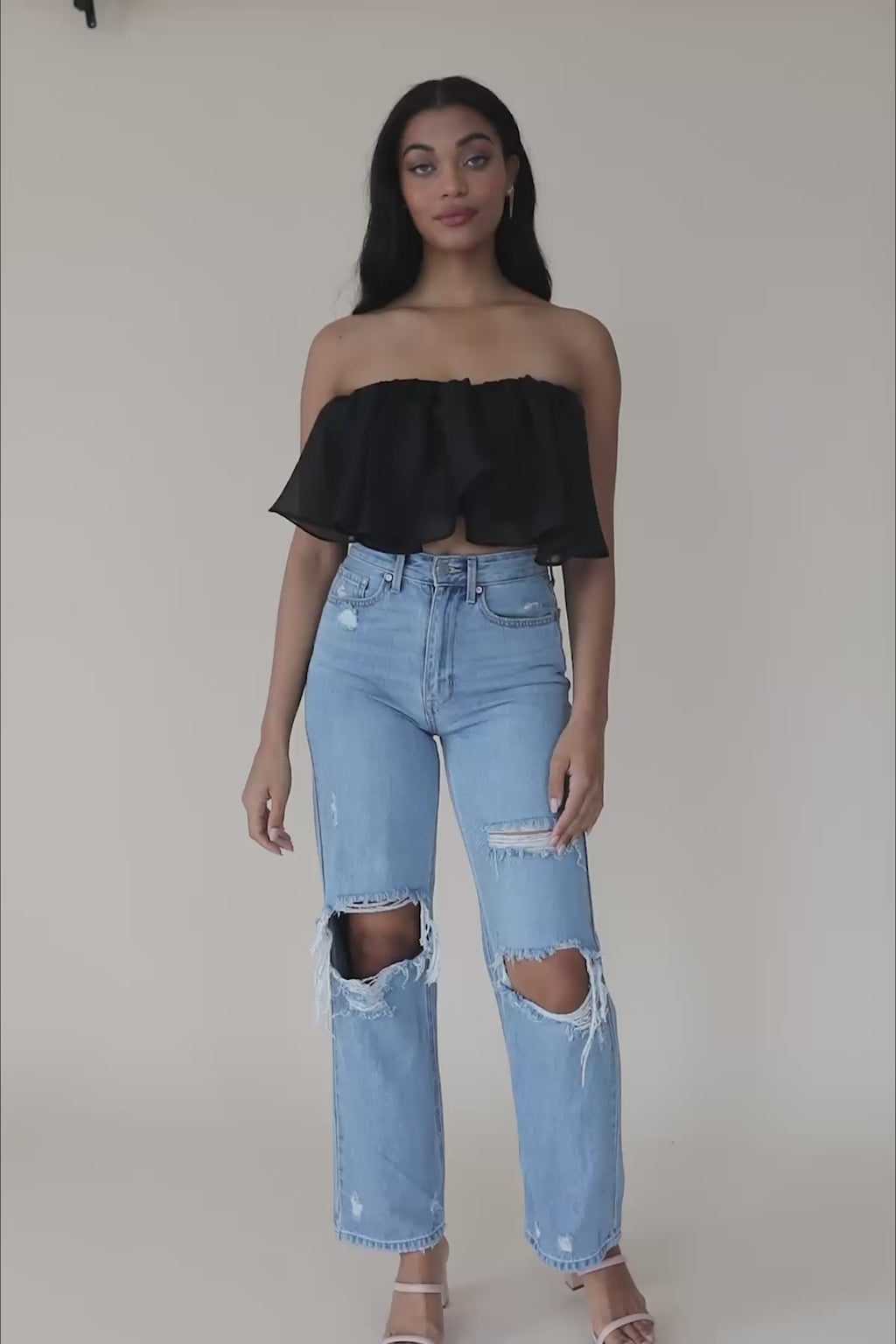 Evie Black Ruffle Cropped Tube Top, product video thumbnail