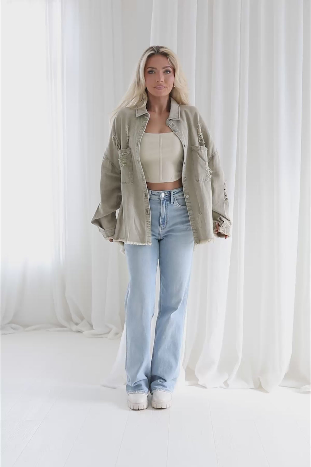 Stevie Oversized Distressed Button Down, product video thumbnail