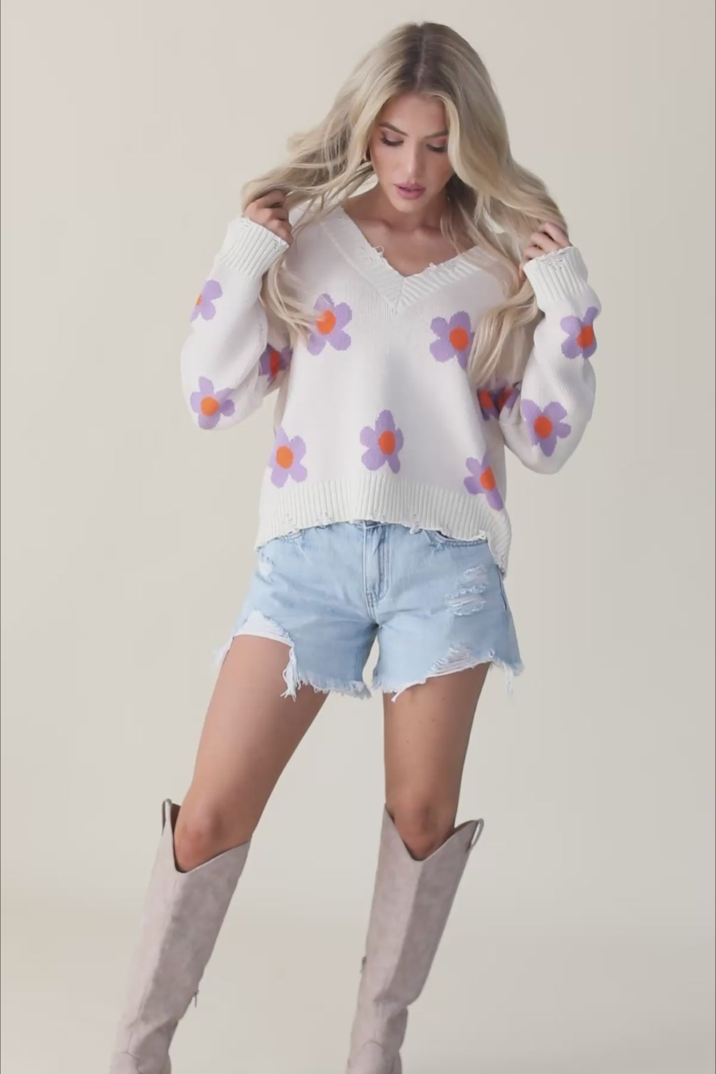 Everly Flower Distressed Hem Sweater, product video thumbnail