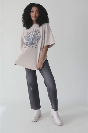 Ember Beige Rock & Roll Oversized Graphic Tee, product video thumbnail
