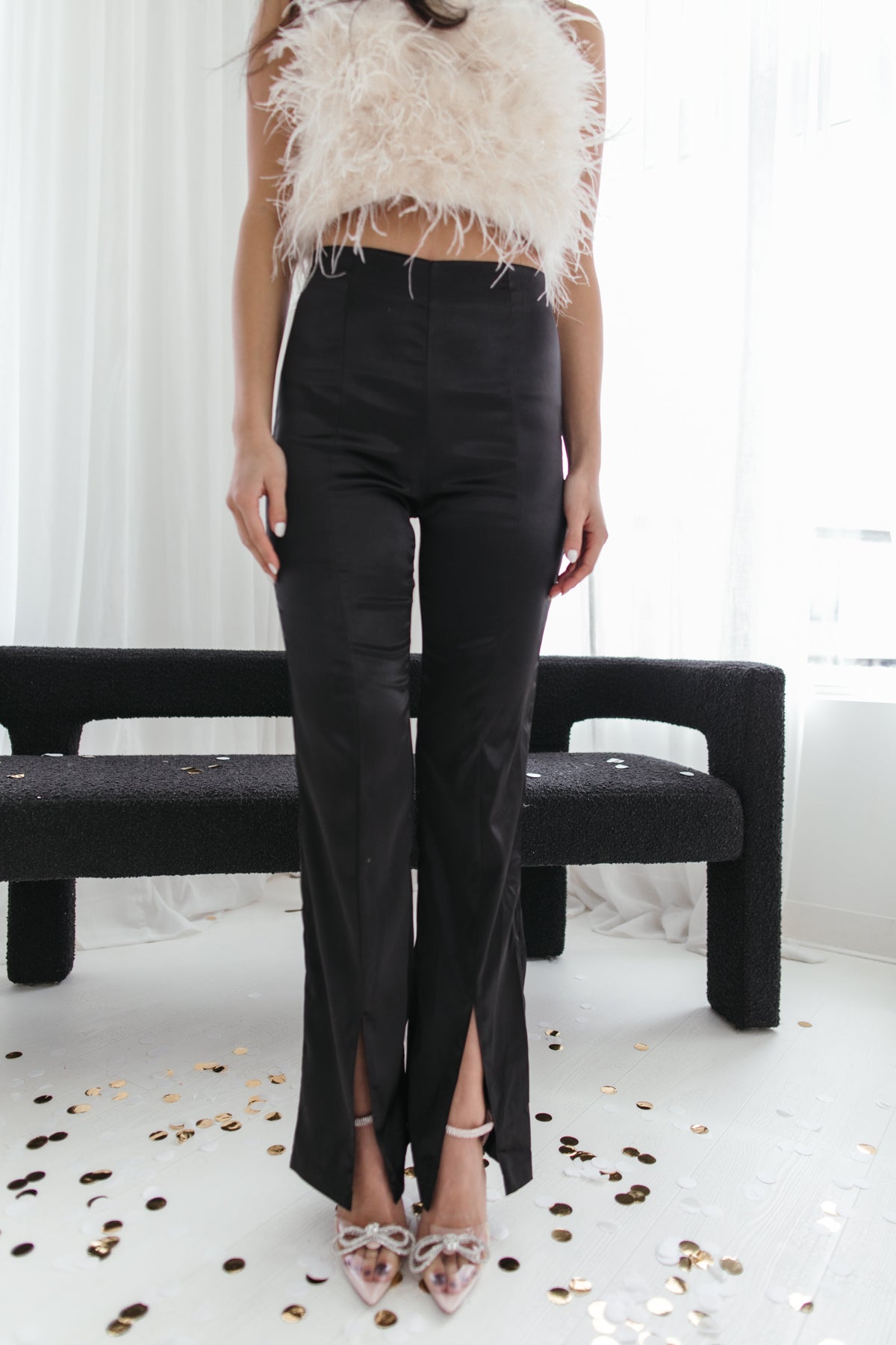 Alina Black Satin Front Slit Pants, Alternate, Color, Black