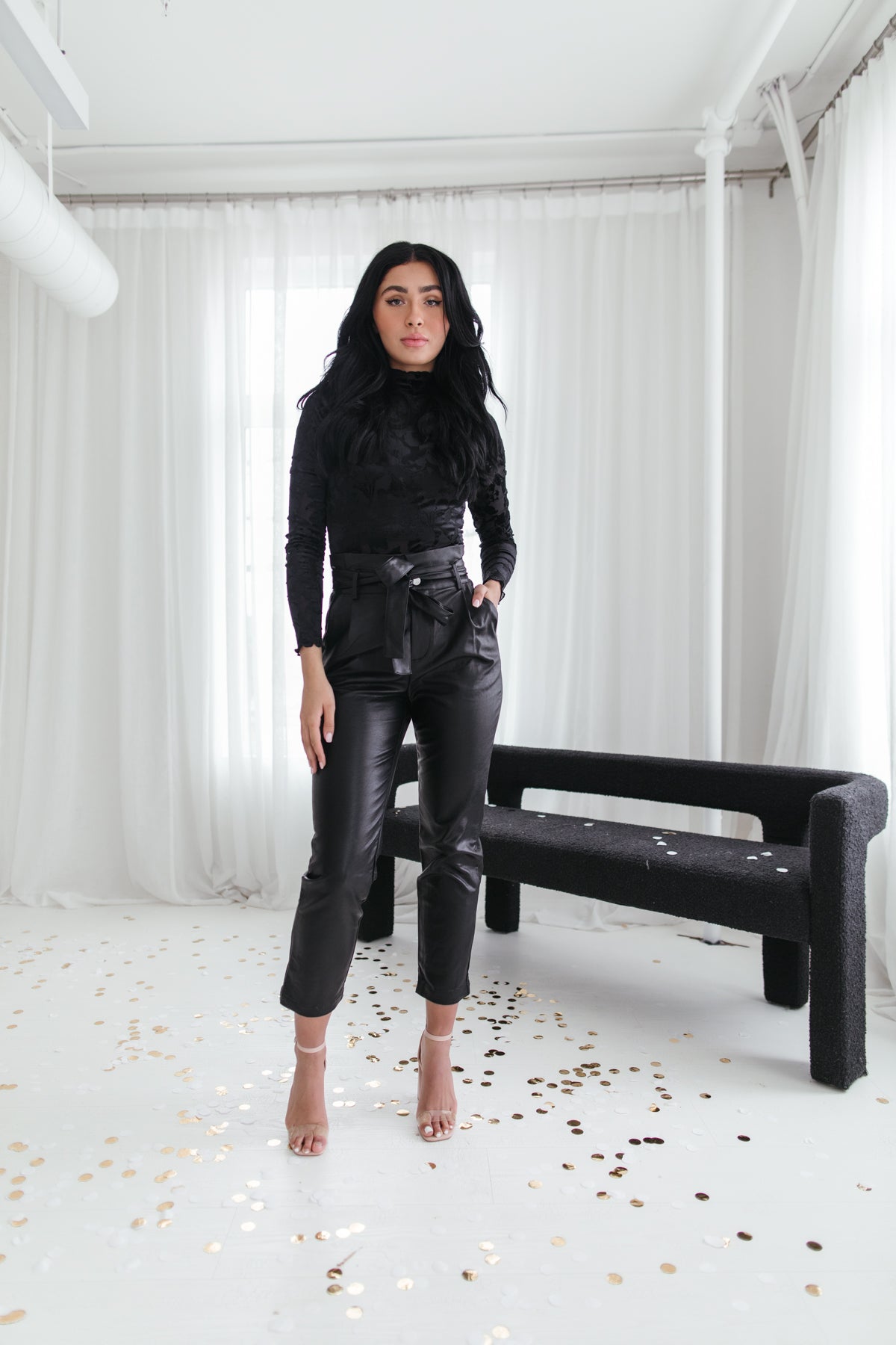Isabelle Faux Leather Paperbag Pants, Alternate, Color, Black