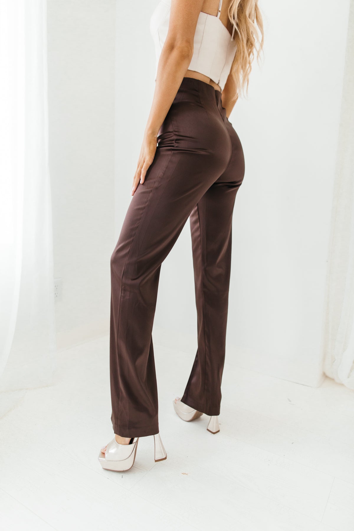 Alina Brown Satin Front Slit Pants, Alternate, Color, Chocolate