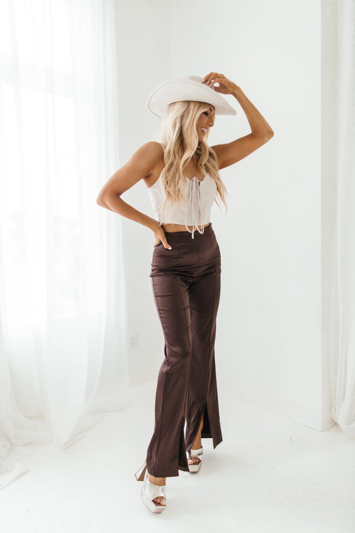 Alina Brown Satin Front Slit Pants, Alternate, Color, Chocolate