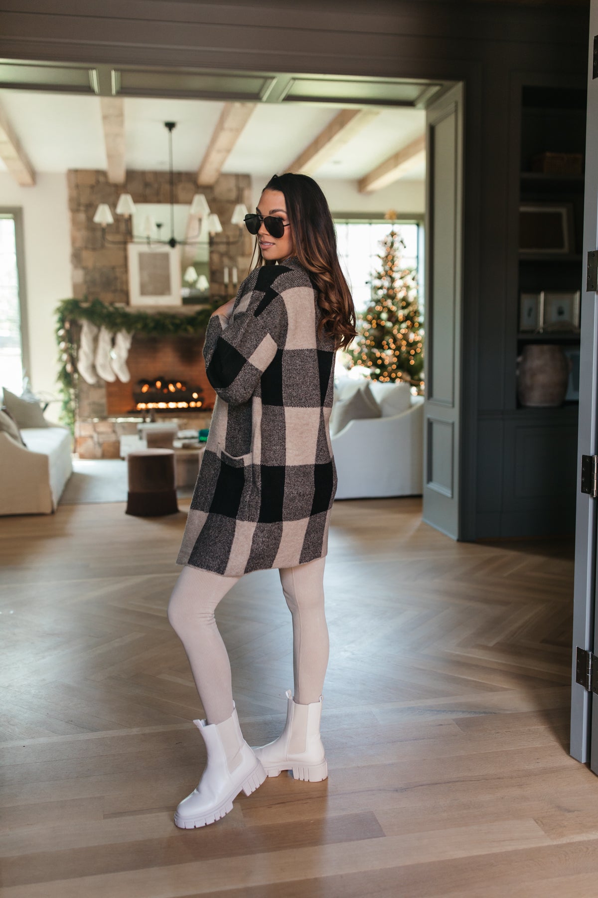 Oversized Buffalo Check Cardigan , Alternate, color, Black and Taupe