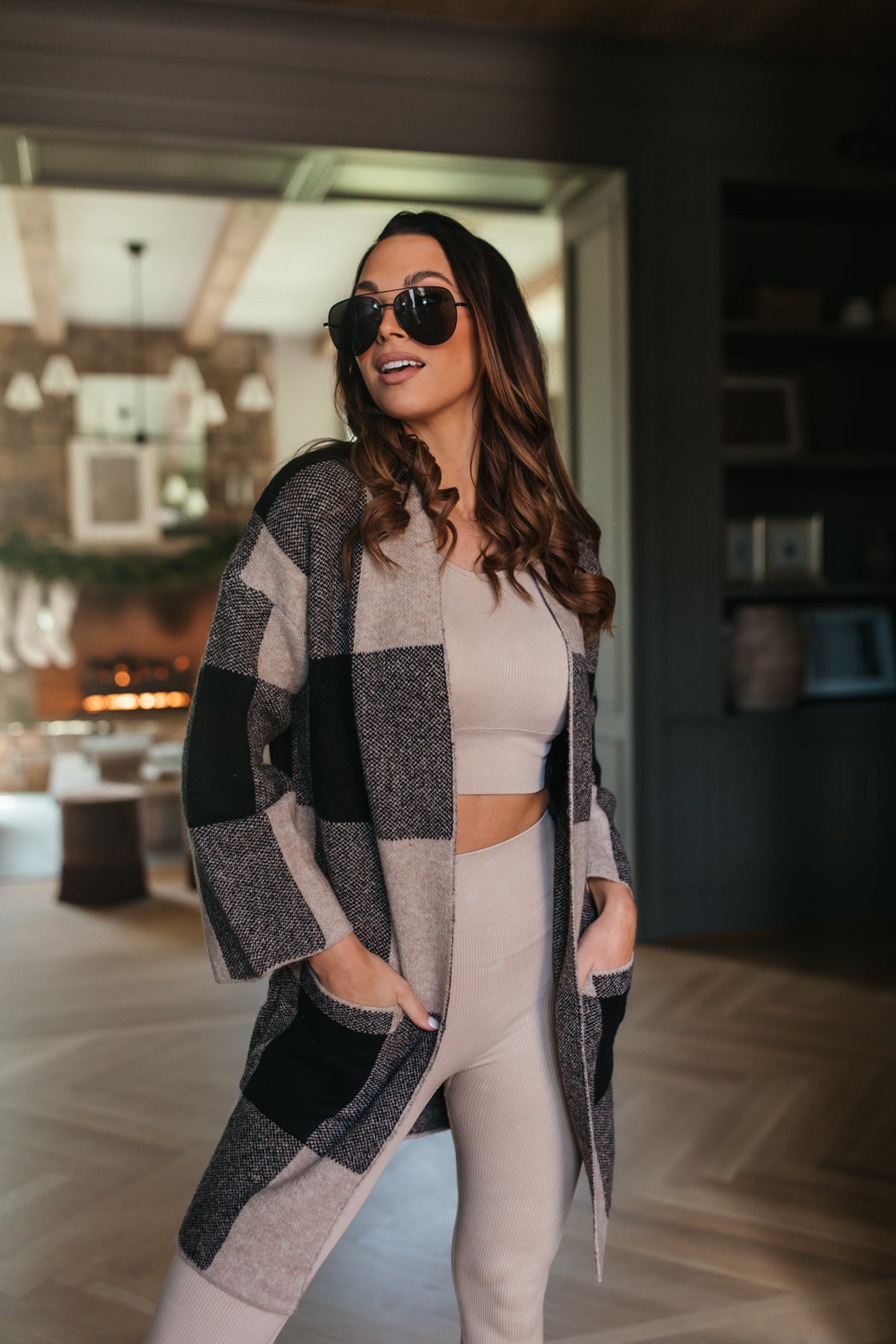 Oversized Buffalo Check Cardigan , Alternate, color, Black and Taupe