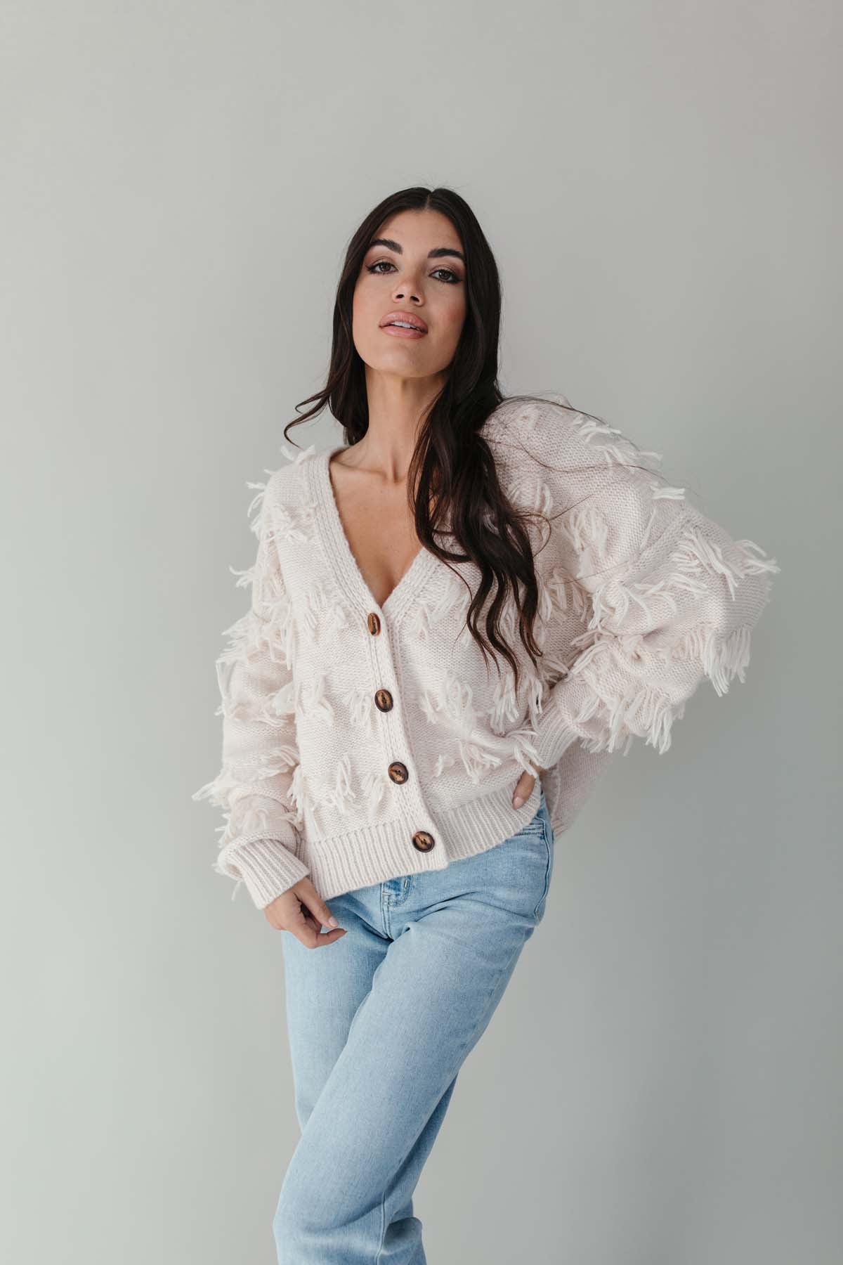 Claire Fringe Button Down Cardigan, alternate, color, Ivory 