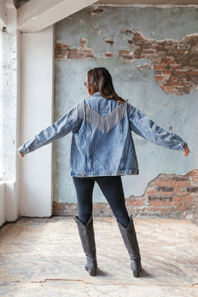 Sienna Rhinestone Fringe Denim Jacket, Alternate, color, Medium Wash