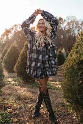 Camila Button Down Plaid Tunic, alternate, color, Black plaid