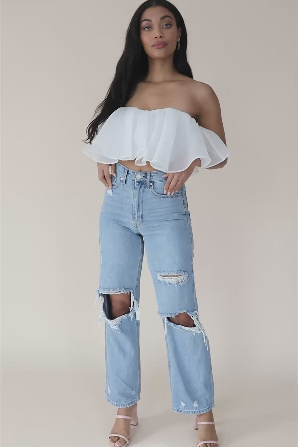 Evie Ivory Ruffle Cropped Tube Top, product video thumbnail